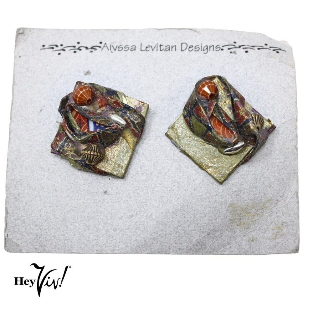 Vintage 90s Alyssa Levitan Handcrafted Earth Tone Origami Pierced Earrings Card